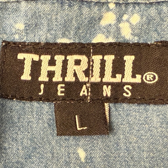 Thrill Jeans Womens High Low Heavily Distressed Button Down Blue Shirt Top Lg. - Picture 10 of 14